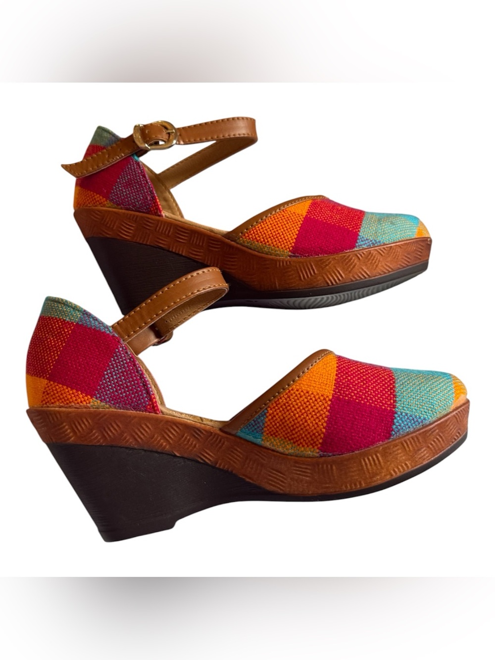 Multicolor Patchwork Wedge Sandals with Tan Straps - Almost New Condition